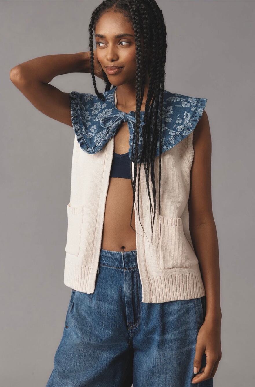 Anthropologie | Maeve Denim-Collar Sweater Vest in Cream NWOT✨